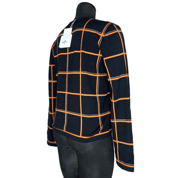 Hermes Womens Tattersall Sweater Wool & Silk EU 40 Pullover Orange Black NWT - Picture 5 of 14